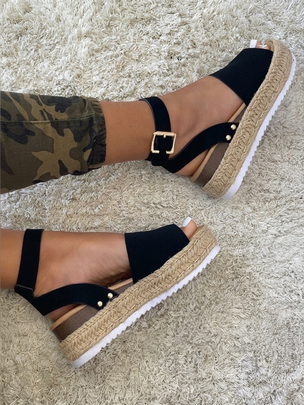 Soda Topic Open Toe Ankle Strap Espadrilles Platform Wedge Casual Sandal Black